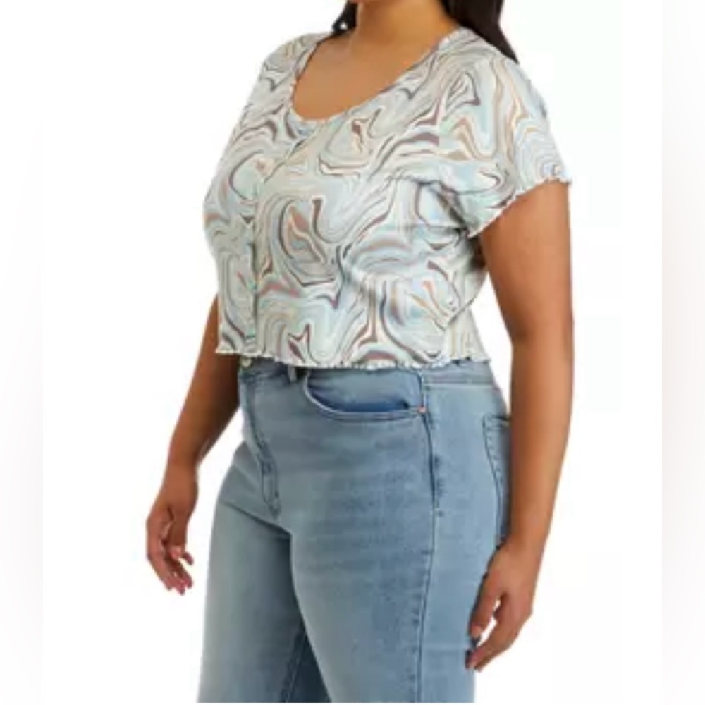 Wallflower Women’s Henley Printed Top Light Powder Blue Marbled psycadellic Lar